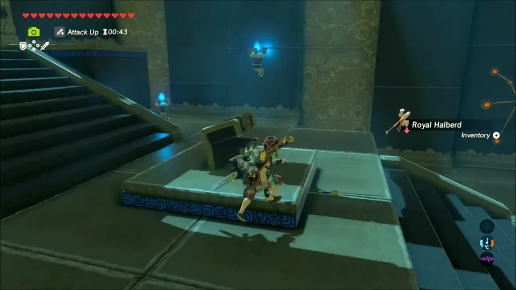 Link opening the chest on the steps and taking a Royal Halberd Link opening the chest on the steps and taking a Royal Halberd