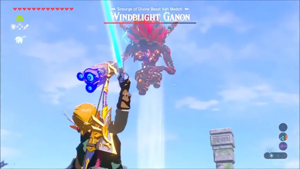 Link in the air aiming his bow up at Windblight Ganon hovering above Link in the air aiming his bow up at Windblight Ganon hovering above