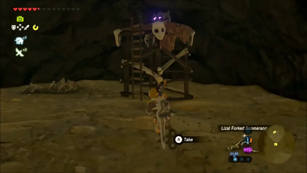 Skull-topped wooden lookout in a bokoblin camp with a loot pickup prompt Skull-topped wooden lookout in a bokoblin camp with a loot pickup prompt