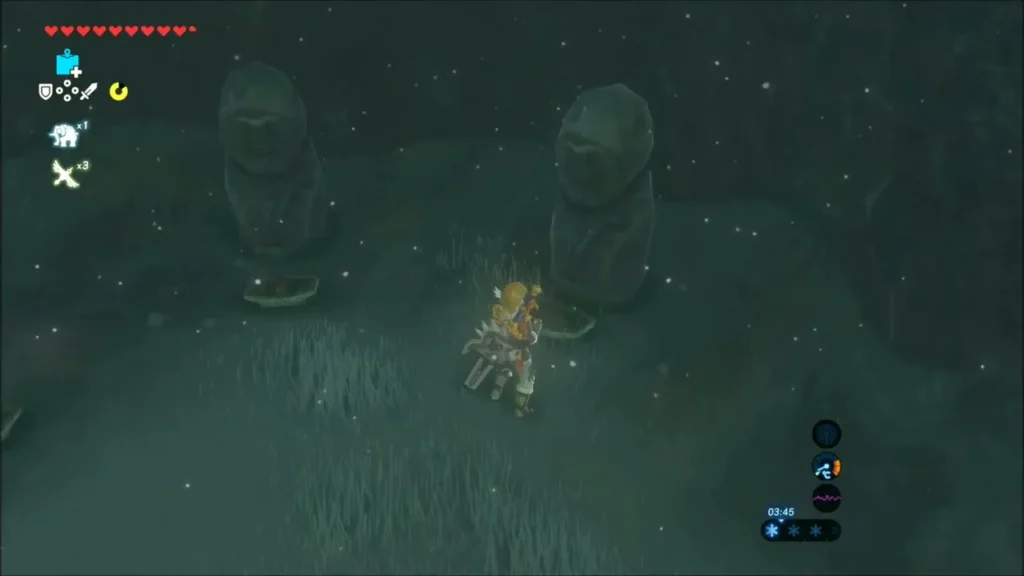 Link standing between two stone statues in the snowfall Link standing between two stone statues in the snowfall