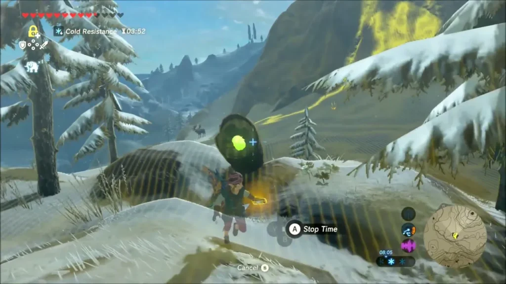 Link running up a snowy slope toward a hidden Korok spot Link running up a snowy slope toward a hidden Korok spot