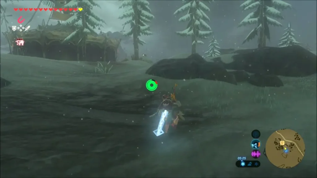 Link crossing a snowy slope with the stable behind Link crossing a snowy slope with the stable behind