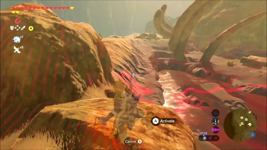 Link using Stasis on a bone, marked with red lines, among the mire's bones Link using Stasis on a bone, marked with red lines, among the mire's bones