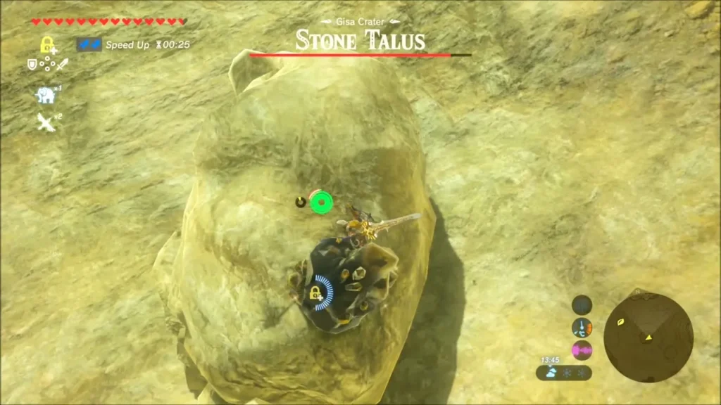 Link on the Stone Talus's back next to the dark ore deposit Link on the Stone Talus's back next to the dark ore deposit