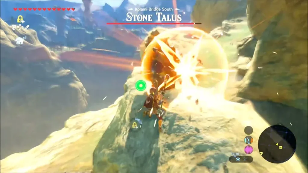 Link striking the glowing ore on a Stone Talus with its health bar showing Link striking the glowing ore on a Stone Talus with its health bar showing