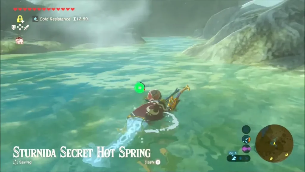 Link swimming in the Sturnida Secret Hot Spring with its name on screen Link swimming in the Sturnida Secret Hot Spring with its name on screen