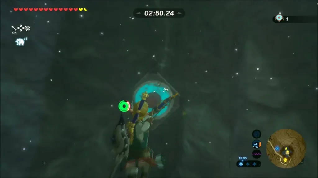 Link drawing his bow at a glowing target on the ravine wall while gliding Link drawing his bow at a glowing target on the ravine wall while gliding
