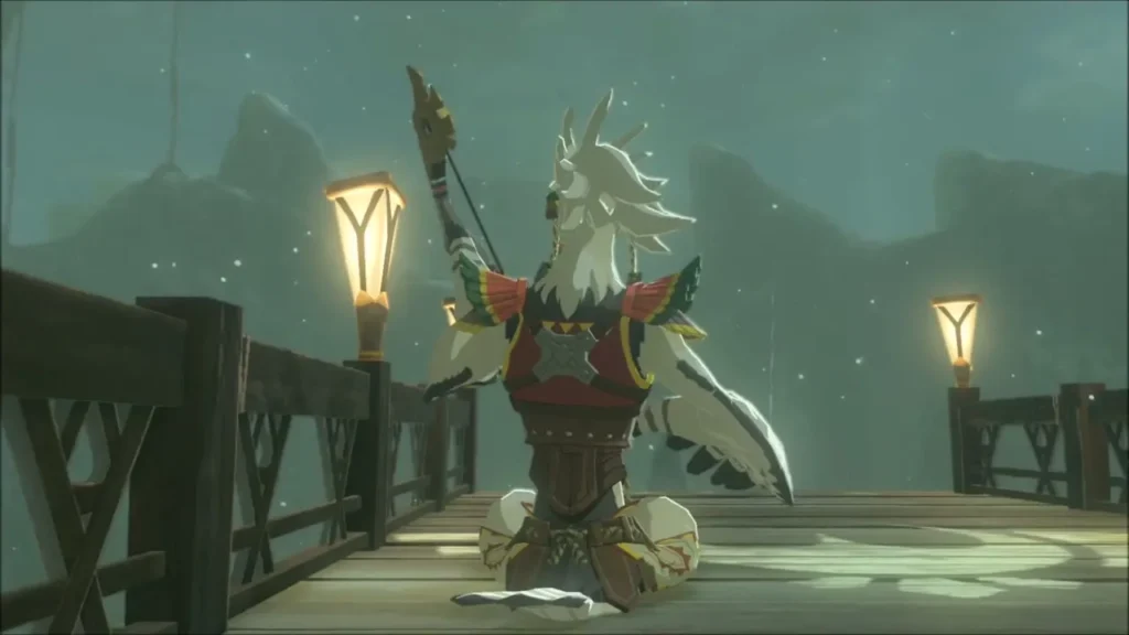 Teba kneeling on the platform with his bow raised Teba kneeling on the platform with his bow raised