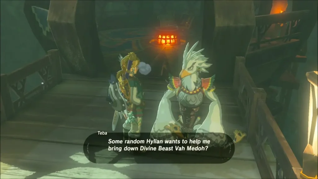 Teba talking with Link on the platform about Vah Medoh Teba talking with Link on the platform about Vah Medoh