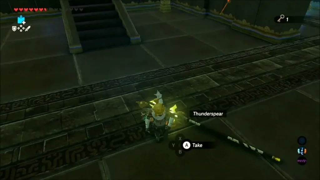 Link standing over the Thunderspear with its name shown Link standing over the Thunderspear with its name shown