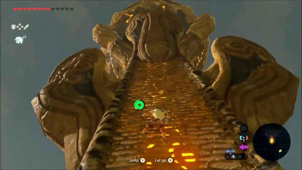 Link climbing the glowing face of Tabantha Tower Link climbing the glowing face of Tabantha Tower
