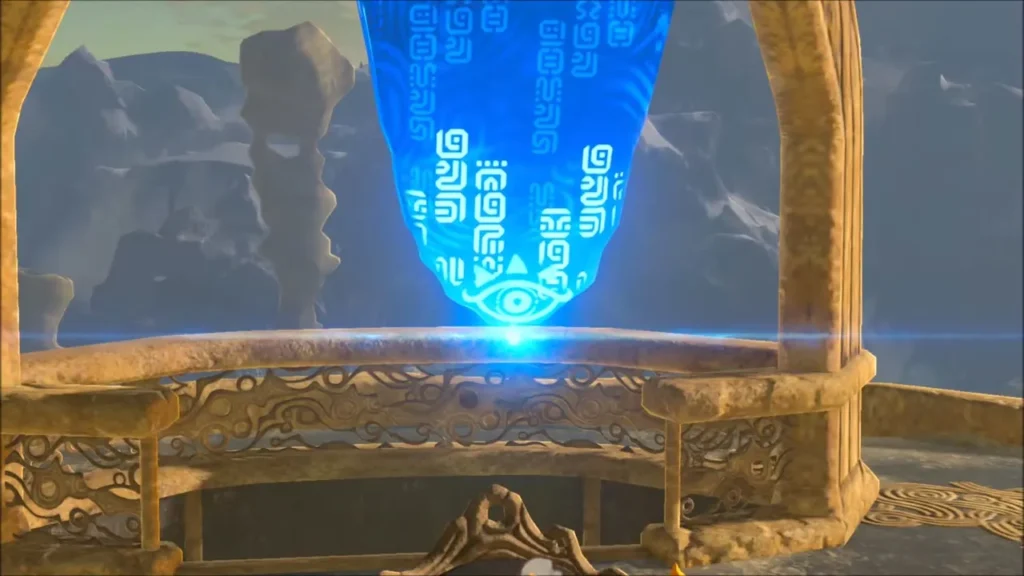 Blue Sheikah beam rising over the tower platform railing as the map downloads Blue Sheikah beam rising over the tower platform railing as the map downloads