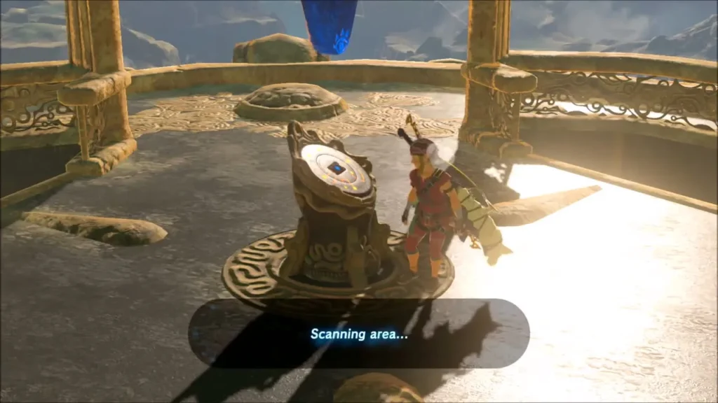 Link at the tower terminal with the Sheikah Slate scanning the area Link at the tower terminal with the Sheikah Slate scanning the area