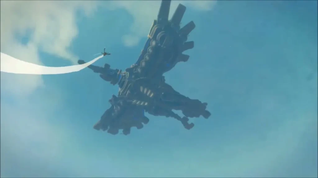 Vah Medoh soaring across the sky with a figure gliding beside it Vah Medoh soaring across the sky with a figure gliding beside it