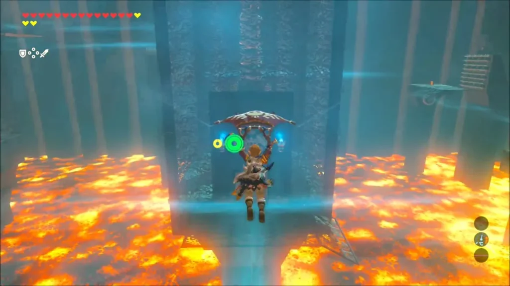 Link gliding over a lava pool inside Voo Lota Shrine Link gliding over a lava pool inside Voo Lota Shrine