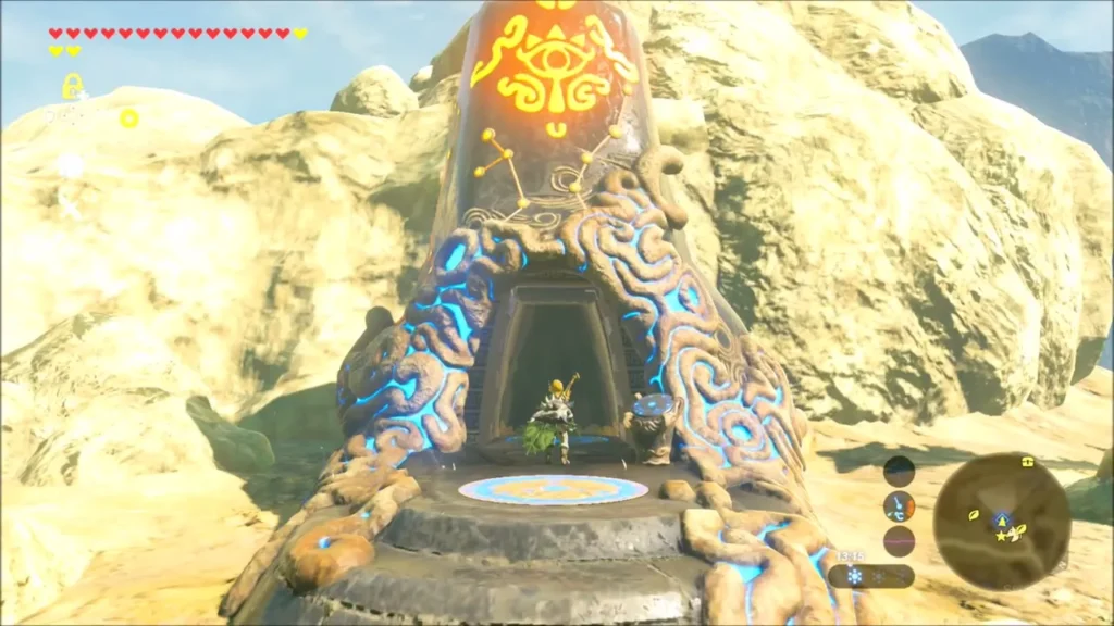 Link at the glowing blue entrance of Voo Lota Shrine Link at the glowing blue entrance of Voo Lota Shrine