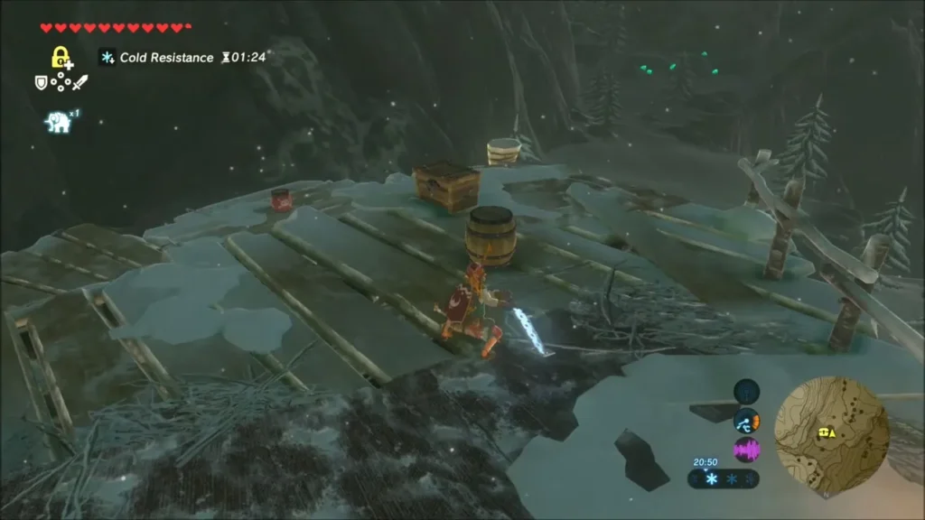 Link on a ruined wooden walkway with a chest and barrel ahead Link on a ruined wooden walkway with a chest and barrel ahead