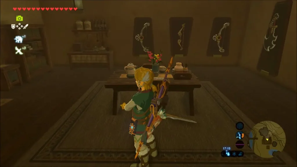 Link beside a table in the house with bows and weapons hung on the walls Link beside a table in the house with bows and weapons hung on the walls