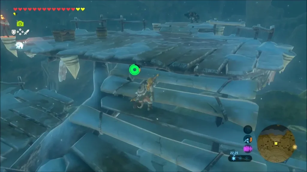 Link climbing a snow-covered wrecked wooden platform Link climbing a snow-covered wrecked wooden platform