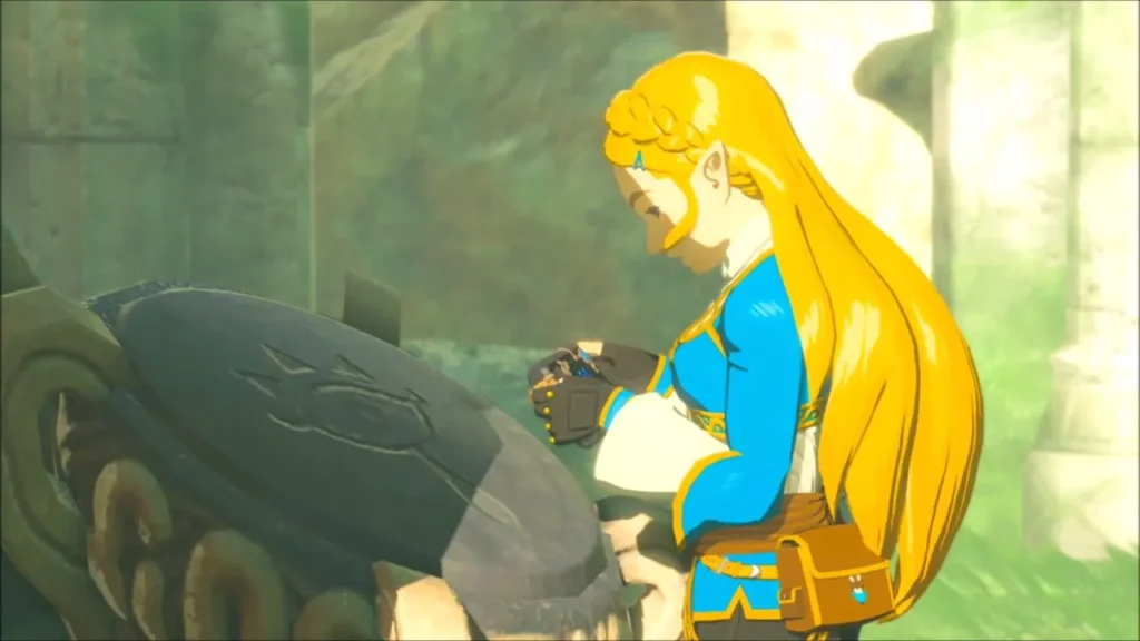 Princess Zelda working her Sheikah Slate beside a mossy stone slab Princess Zelda working her Sheikah Slate beside a mossy stone slab