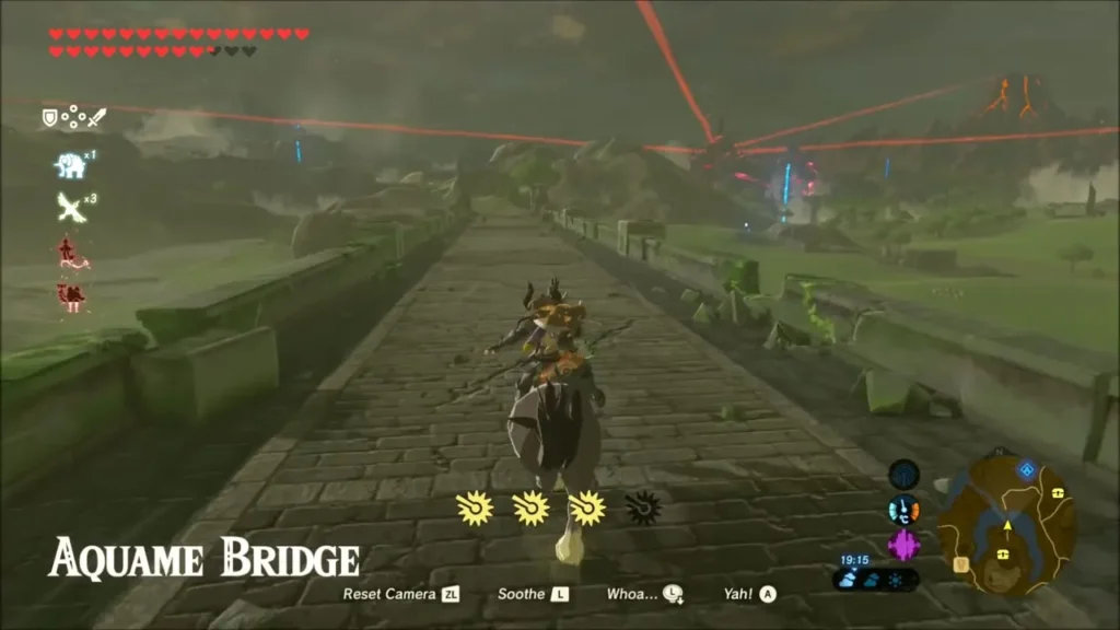 Link riding across Aquame Bridge toward the ruins Link riding across Aquame Bridge toward the ruins