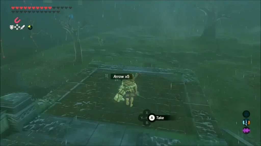 Link at an arrow crate in the marsh with an Arrow x5 prompt Link at an arrow crate in the marsh with an Arrow x5 prompt
