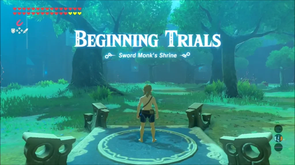 Beginning Trials title over Link with bonus hearts on the starting platform Beginning Trials title over Link with bonus hearts on the starting platform