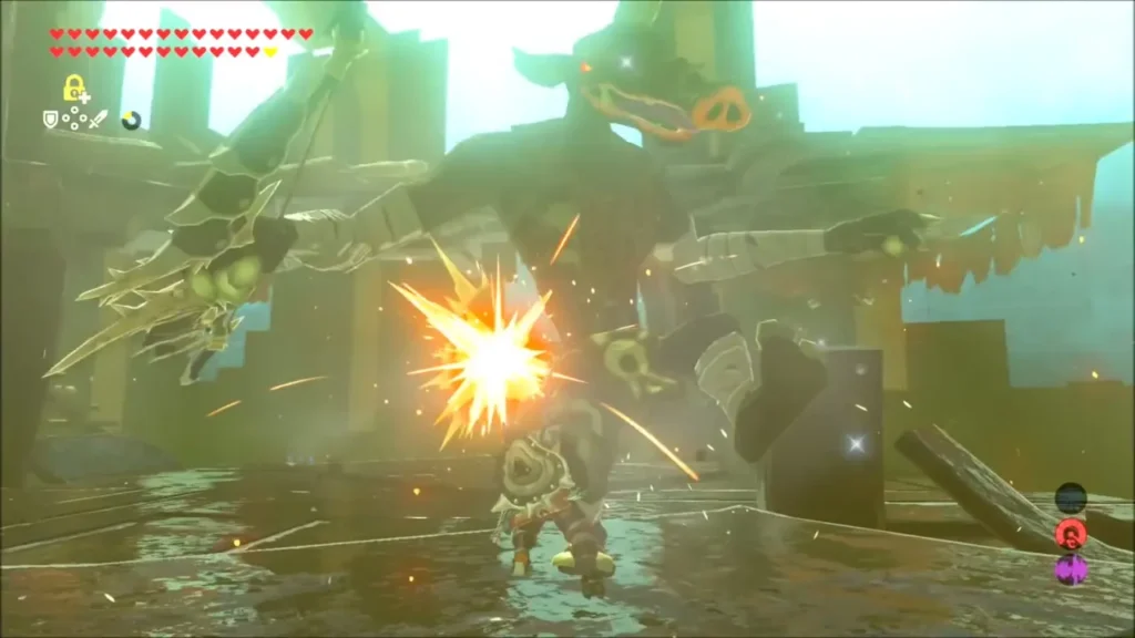 Link striking a Black Moblin on the wooden camp platform Link striking a Black Moblin on the wooden camp platform