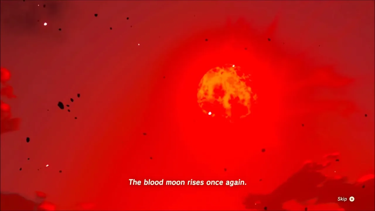 The blood moon rising in a red sky with the text that it rises once again The blood moon rising in a red sky with the text that it rises once again