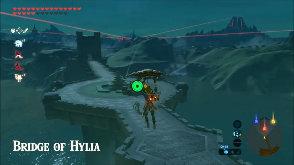 Link gliding onto the Bridge of Hylia at night with red lights in the sky Link gliding onto the Bridge of Hylia at night with red lights in the sky