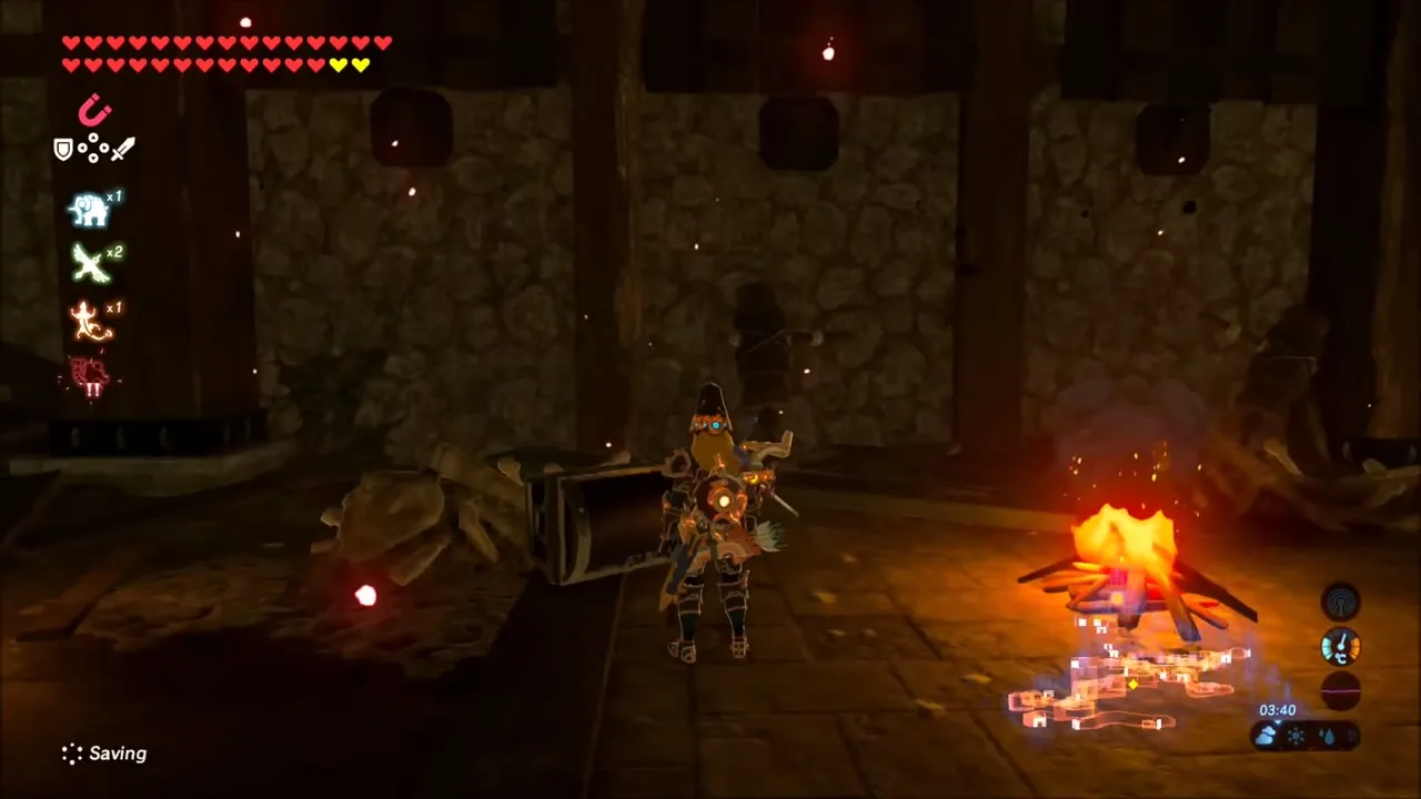 Link beside a campfire in the dark room next to a chest in a pile of bones Link beside a campfire in the dark room next to a chest in a pile of bones