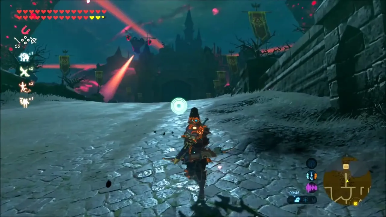 Link running along a stone road toward the castle as Guardian beams sweep the approach Link running along a stone road toward the castle as Guardian beams sweep the approach