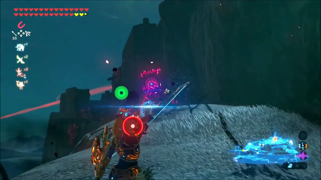 Link aiming a bow at a Guardian beside the castle wall at night Link aiming a bow at a Guardian beside the castle wall at night