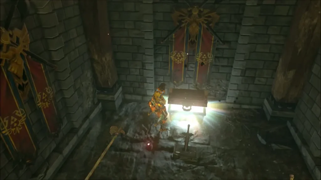 Glowing chest between red Royal Guard banners at the end of the passage Glowing chest between red Royal Guard banners at the end of the passage
