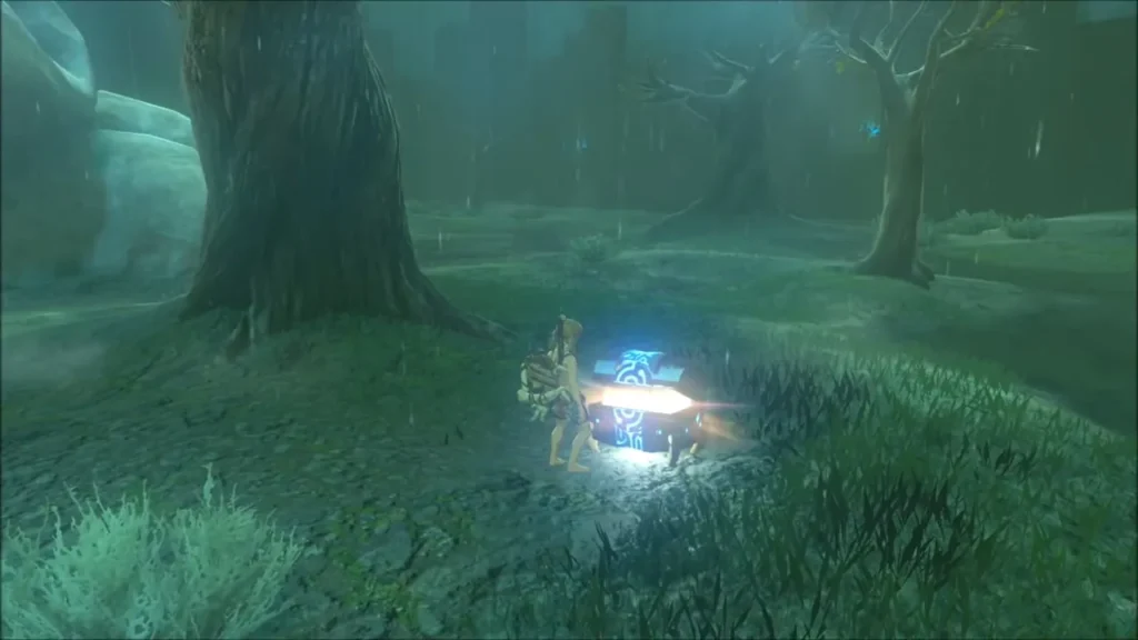 A glowing treasure chest opening beside a tree in the stormy forest A glowing treasure chest opening beside a tree in the stormy forest