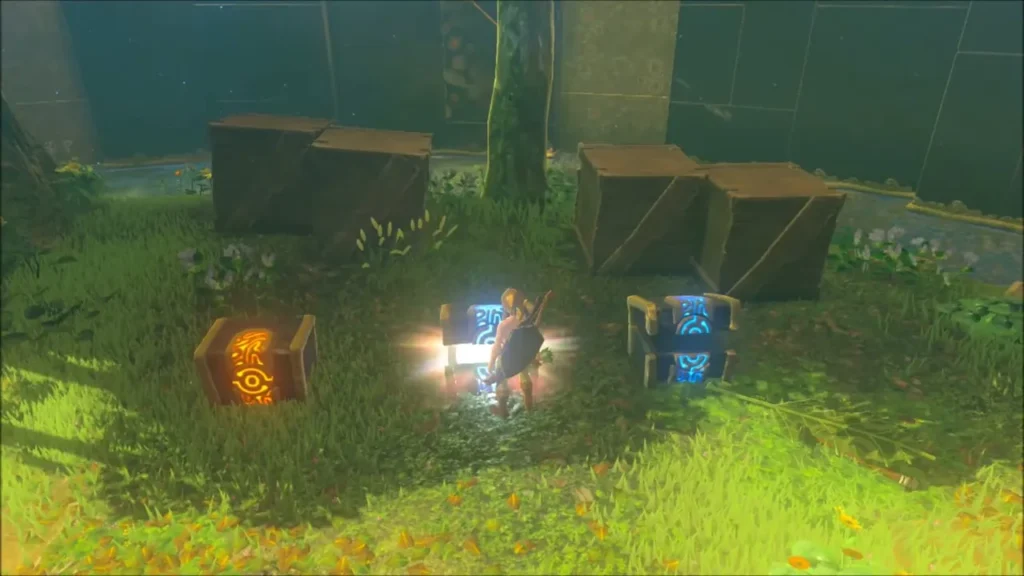 Link opening a glowing chest in a row of chests and wooden crates Link opening a glowing chest in a row of chests and wooden crates