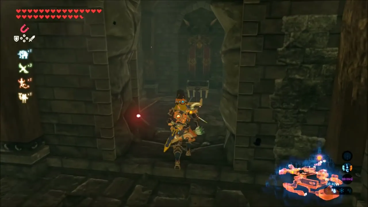 Link approaching a doorway with red guard banners hanging beyond it Link approaching a doorway with red guard banners hanging beyond it
