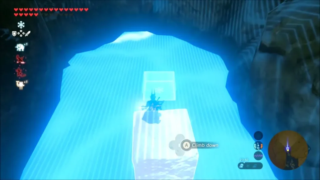 Link on a Cryonis ice block rising in the water-filled cave Link on a Cryonis ice block rising in the water-filled cave