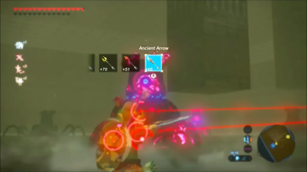 Link aiming an Ancient Arrow at a Decayed Guardian in the room beneath Lomei Labyrinth Island Link aiming an Ancient Arrow at a Decayed Guardian in the room beneath Lomei Labyrinth Island