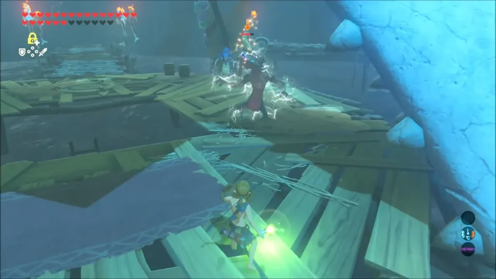 Link on broken planks facing an electrified Lizalfos Link on broken planks facing an electrified Lizalfos