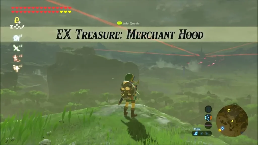EX Treasure: Merchant Hood quest banner over Link on the hilltop EX Treasure: Merchant Hood quest banner over Link on the hilltop