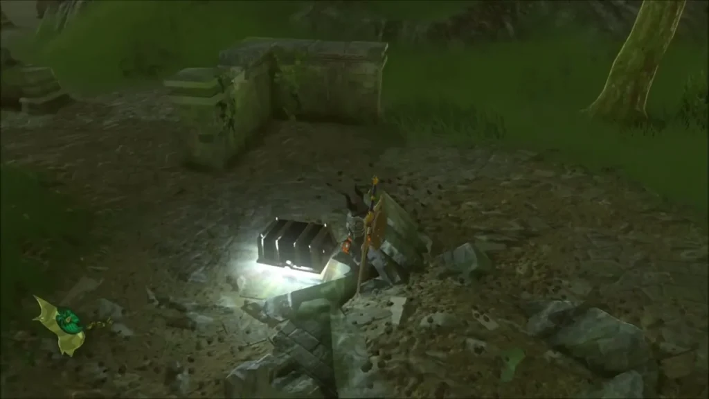 Link using Magnesis to pull a glowing chest out of the Exchange Ruins ground Link using Magnesis to pull a glowing chest out of the Exchange Ruins ground