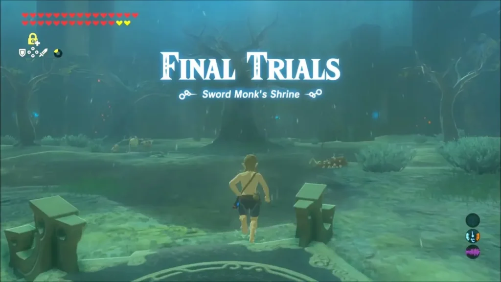 Link running into the rainy forest under the Final Trials title Link running into the rainy forest under the Final Trials title