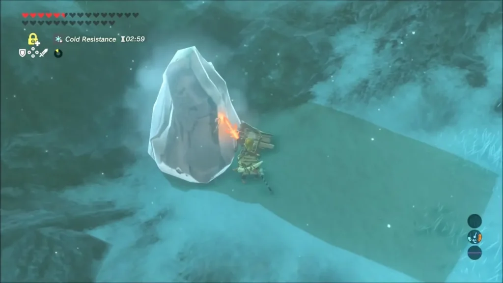 Link burning an ice block with a fire weapon on a snowfield, cold resistance timer running Link burning an ice block with a fire weapon on a snowfield, cold resistance timer running