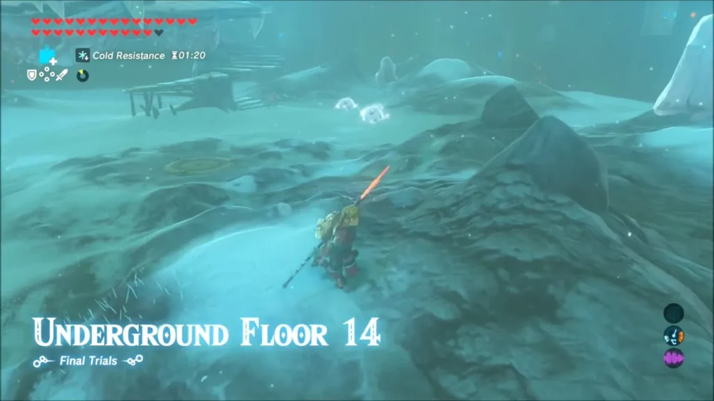 Link with a flaming weapon crossing the snowy Underground Floor 14 Link with a flaming weapon crossing the snowy Underground Floor 14