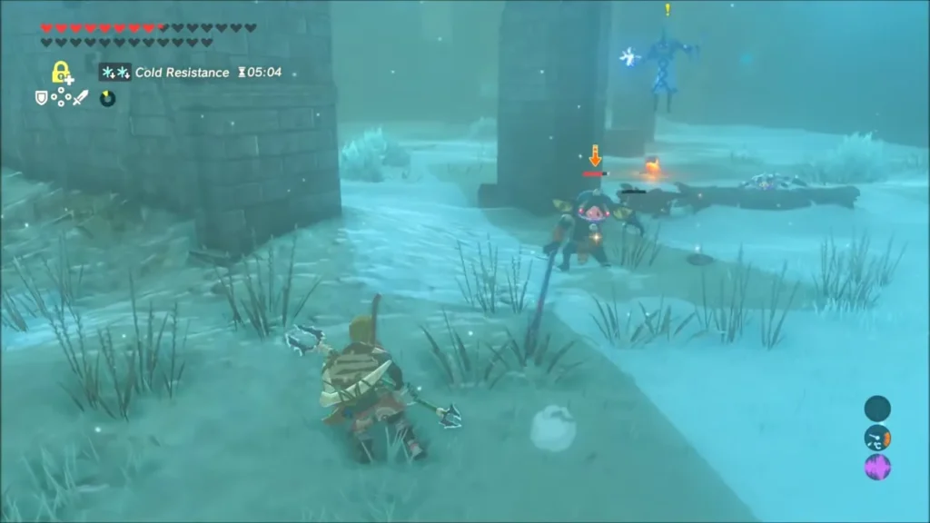 Link approaching a Bokoblin in the ruined snowy camp on floor 15 with a Wizzrobe floating behind Link approaching a Bokoblin in the ruined snowy camp on floor 15 with a Wizzrobe floating behind