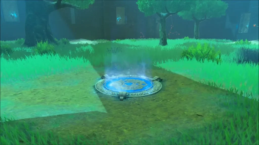 The glowing exit platform on the grassy floor after the Guardians are destroyed The glowing exit platform on the grassy floor after the Guardians are destroyed