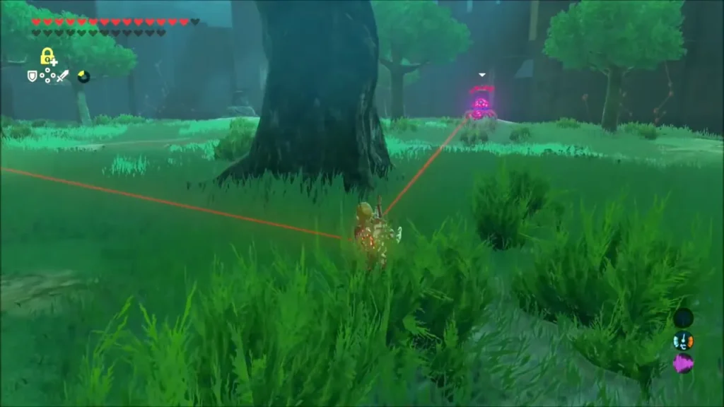 Link crouched behind a big tree as a Decayed Guardian's red beam sweeps the grove Link crouched behind a big tree as a Decayed Guardian's red beam sweeps the grove