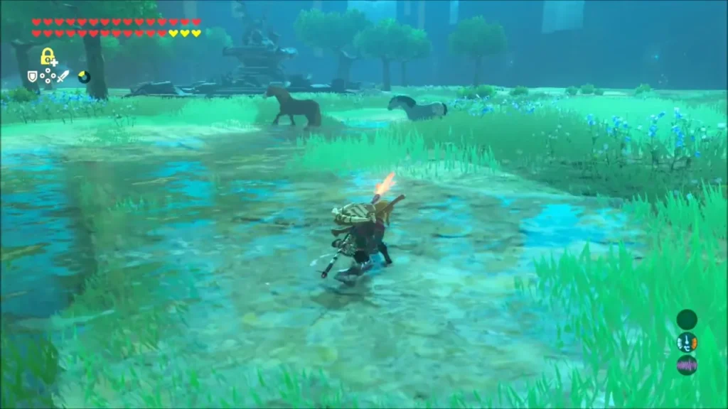 Link crossing the grassy meadow with two horses roaming in the distance Link crossing the grassy meadow with two horses roaming in the distance