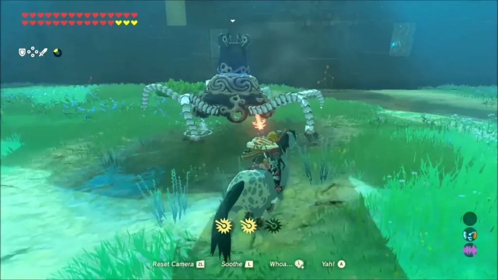 Link on horseback facing the walking Guardian Stalker Link on horseback facing the walking Guardian Stalker